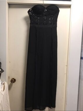 Strapless Black Lace Bustier Evening Gown